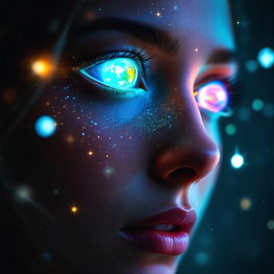 The primary subject of the image is a woman with blue eyes and a blue background. The visual style appears to be a digital art or illustration, as the woman's eyes are described as having a blue glow. The colors and mood of the image are predominantly blue, creating a serene and calming atmosphere.